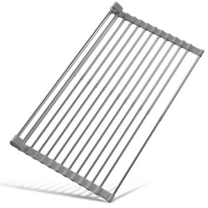 cycleacc 13"- 24" roll up dish drying rack, expandable over the sink dish drainer drying rack, large folding collapsible stainless steel roll up dish drying rack, kitchen foldable over sink organizer