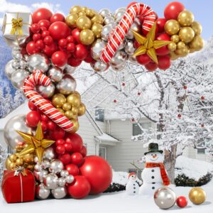 Bonropin Christmas Balloon Garland Arch Kit with Xmas Red and Gold Silver Balloons Candy Cane Balloons Gift Box Balloons Starburst Balloons for New Year Winter Christmas Party Decorations