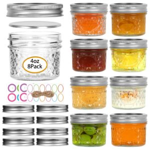 mini mason jars, 8 pack 4oz glass mason jar with regular lids, small canning jar, ideal for jelly, jam, honey, dessert, spice, wedding favor, candles