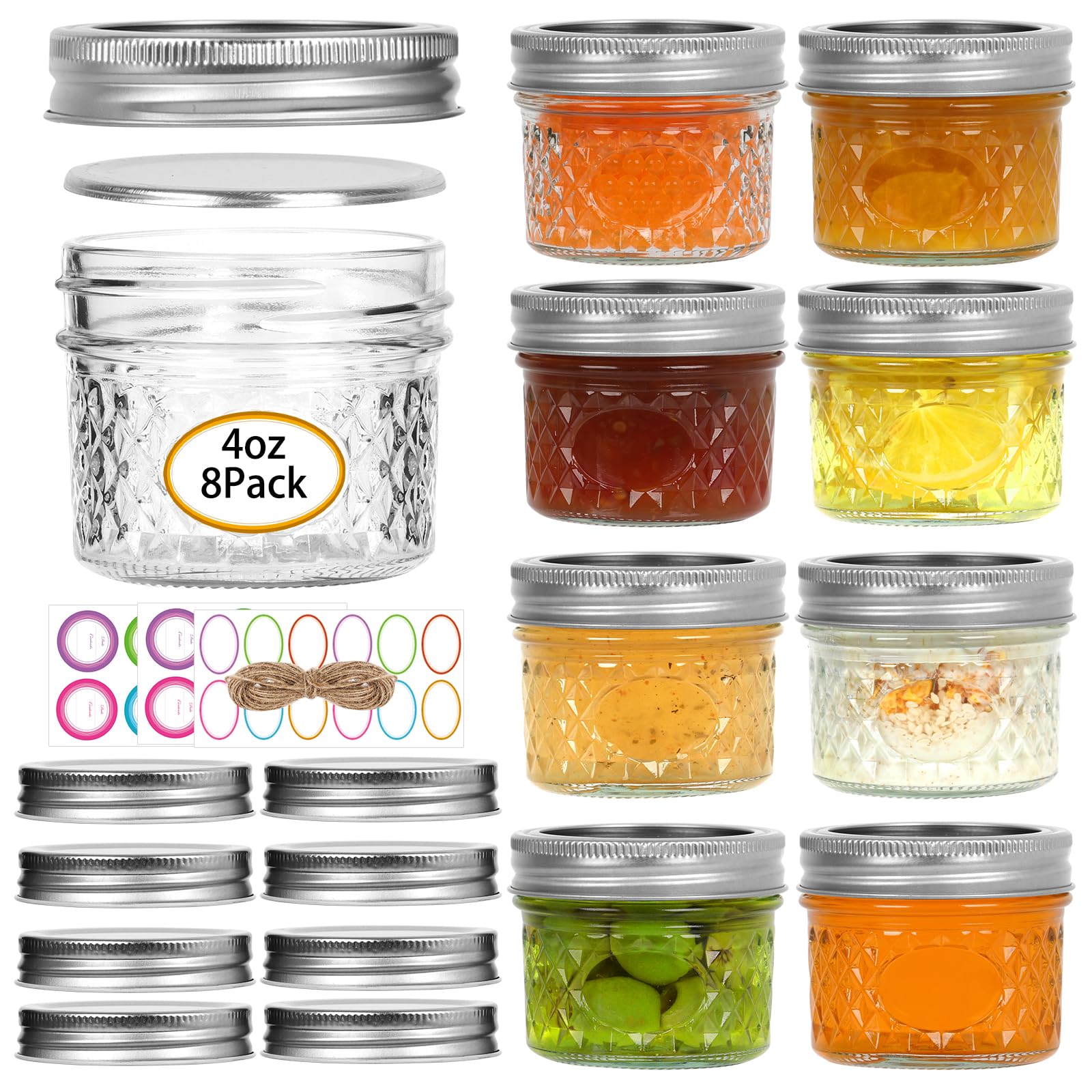 Mini Mason Jars, 8 Pack 4oz Glass Mason Jar with Regular Lids, Small Canning Jar, Ideal for Jelly, Jam, Honey, Dessert, Spice, Wedding Favor, Candles