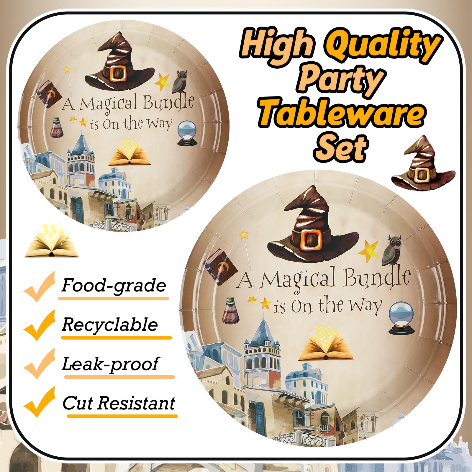 Sunnyray 96 Pieces Magical Wizard Baby Shower Plates and Napkins a Magical Bundle Is on the Way Baby Shower Party Supplies Dessert Plates Napkins Forks for 24 Guests