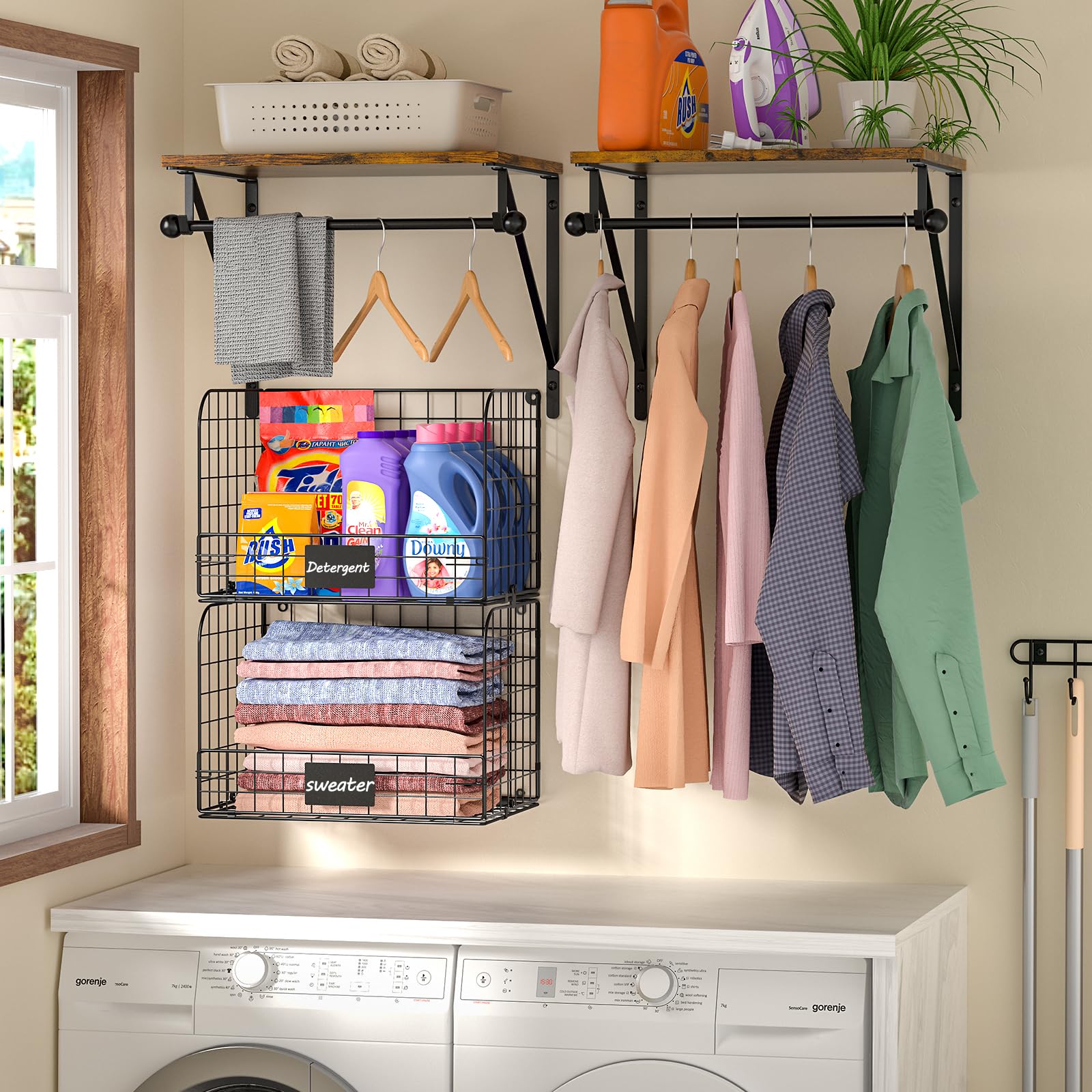 Laundry Room Shelves Wall Mounted with Wire Baskets, Over the Washer and Dryer Shelf with Clothes Drying Rack, Wire Shelves Baskets for Laundry Closet Organization and Storage, Wood+Metal, Black