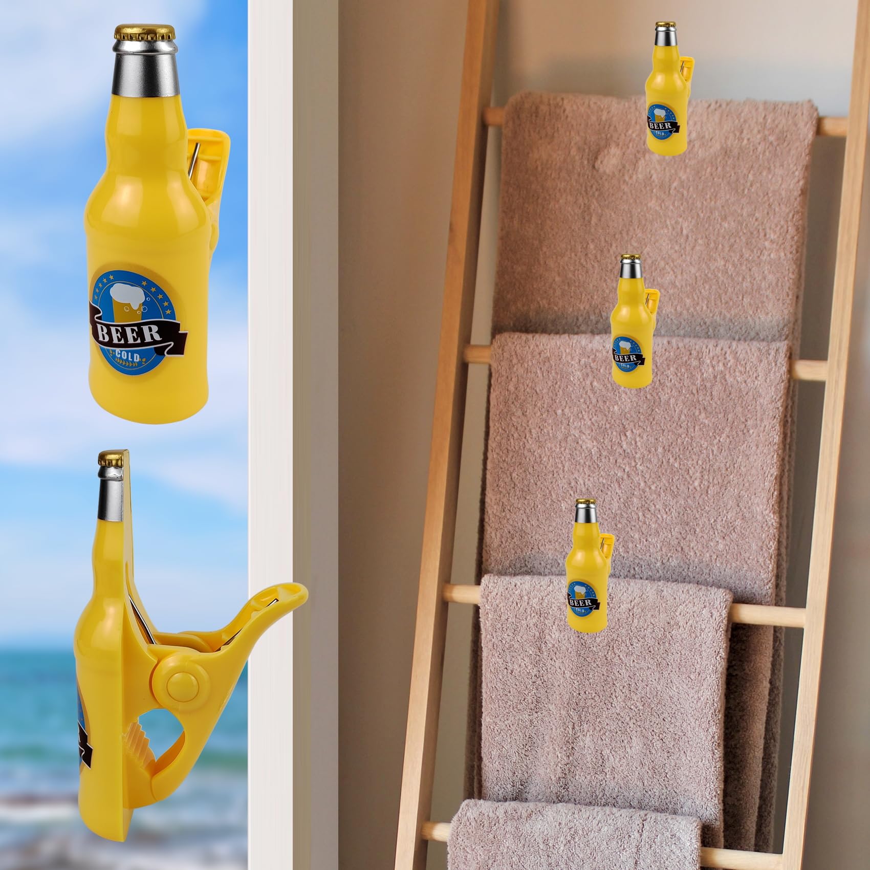 Beach Towel Clips for Chair Secure Clips for Beach Chairs Jumbo Size Plastic Clothes Pegs for Pool Lounger (2Pcs Beer Mug and 2Pcs Beer Bottle)