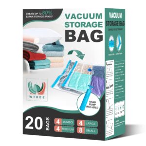 wtree 20 pack vacuum storage bags, space saver bags, vacuum sealed bags for comforters, blankets, clothes storage, hand pump included (4 jumbo/4 large/4 medium/8 small)