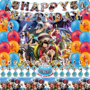 anime birthday party supplies include birthday banner, hanging swirls decorations , balloons, cupcake toppers, tablecloth for boys kids