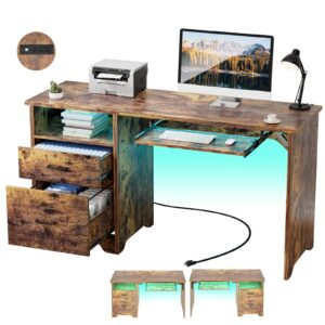 hyomdeck office desk with file cabinet, 55 inch reversible computer desk with smart led light and power outlet, sturdy gaming desk with keyboard tray & storage drawers, easy to assemble, rustic brown