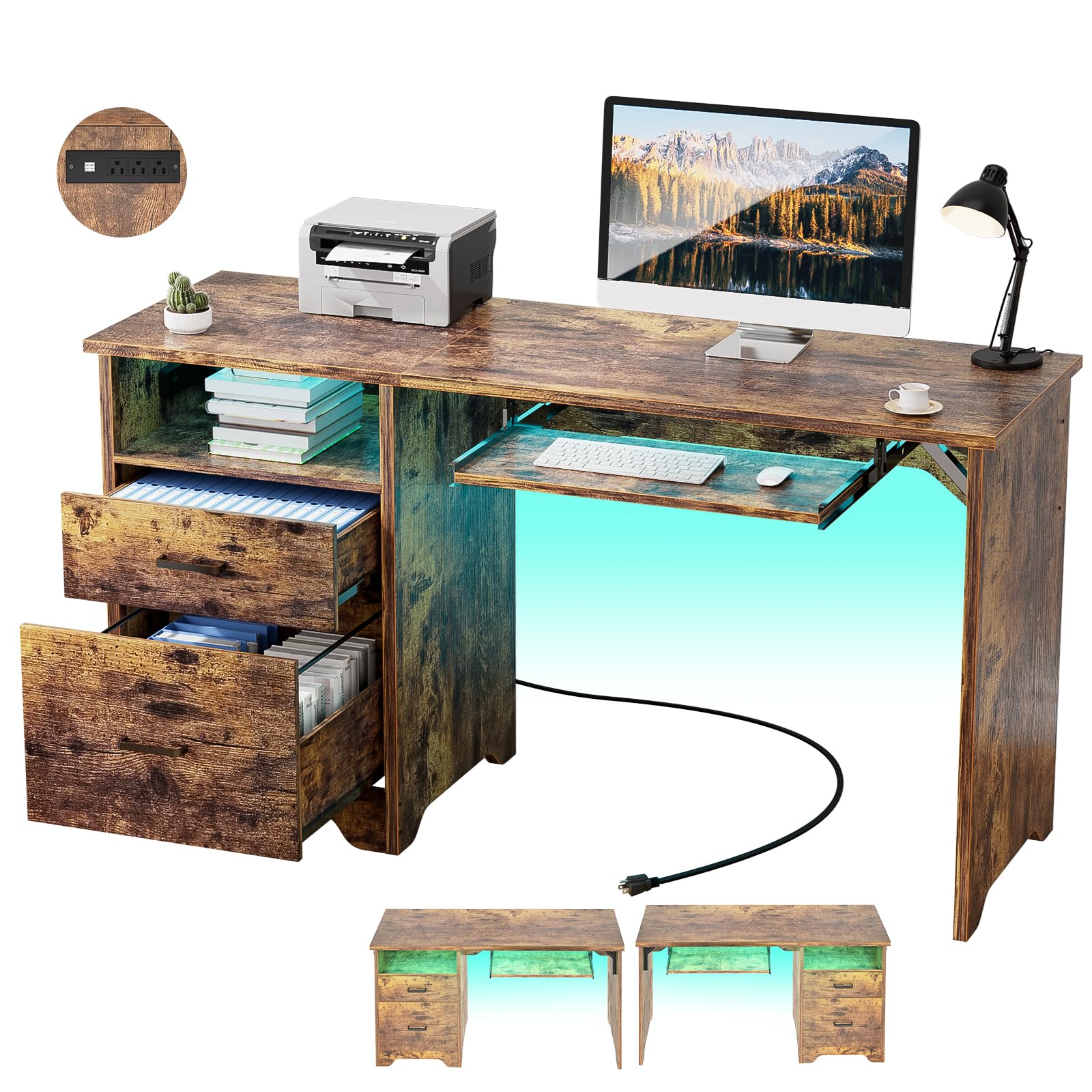 Hyomdeck Office Desk with File Cabinet, 55 Inch Reversible Computer Desk with Smart LED Light and Power Outlet, Sturdy Gaming Desk with Keyboard Tray & Storage Drawers, Easy to Assemble, Rustic Brown