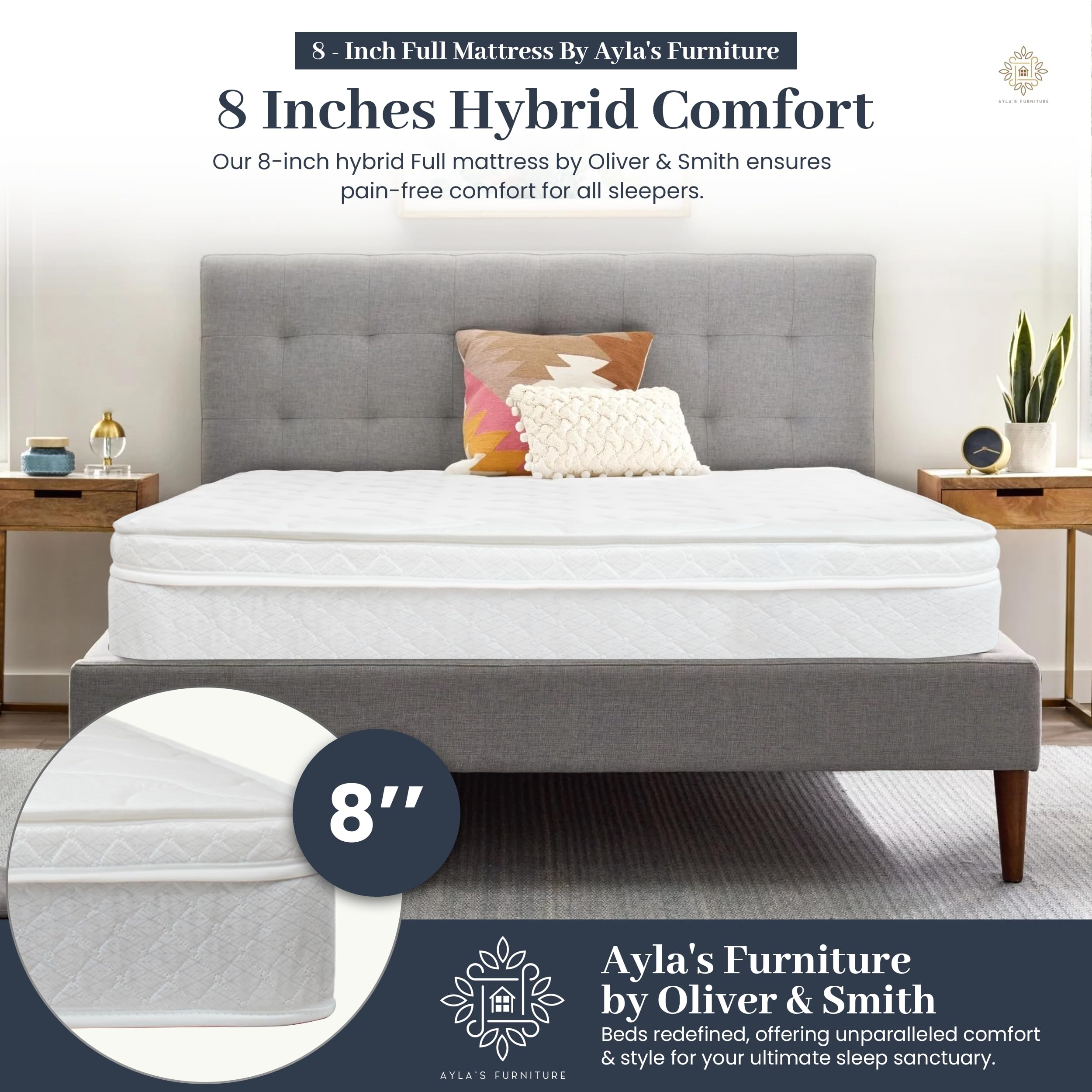 Aylas Furniture Full Size Mattress- 8 Inch Hybrid Mattress Full with High Density & Comfort Cold Foam with Continuous Coil Bonnell Springs - Eco-Friendly, Breathable Full Mattress Medium Firmness