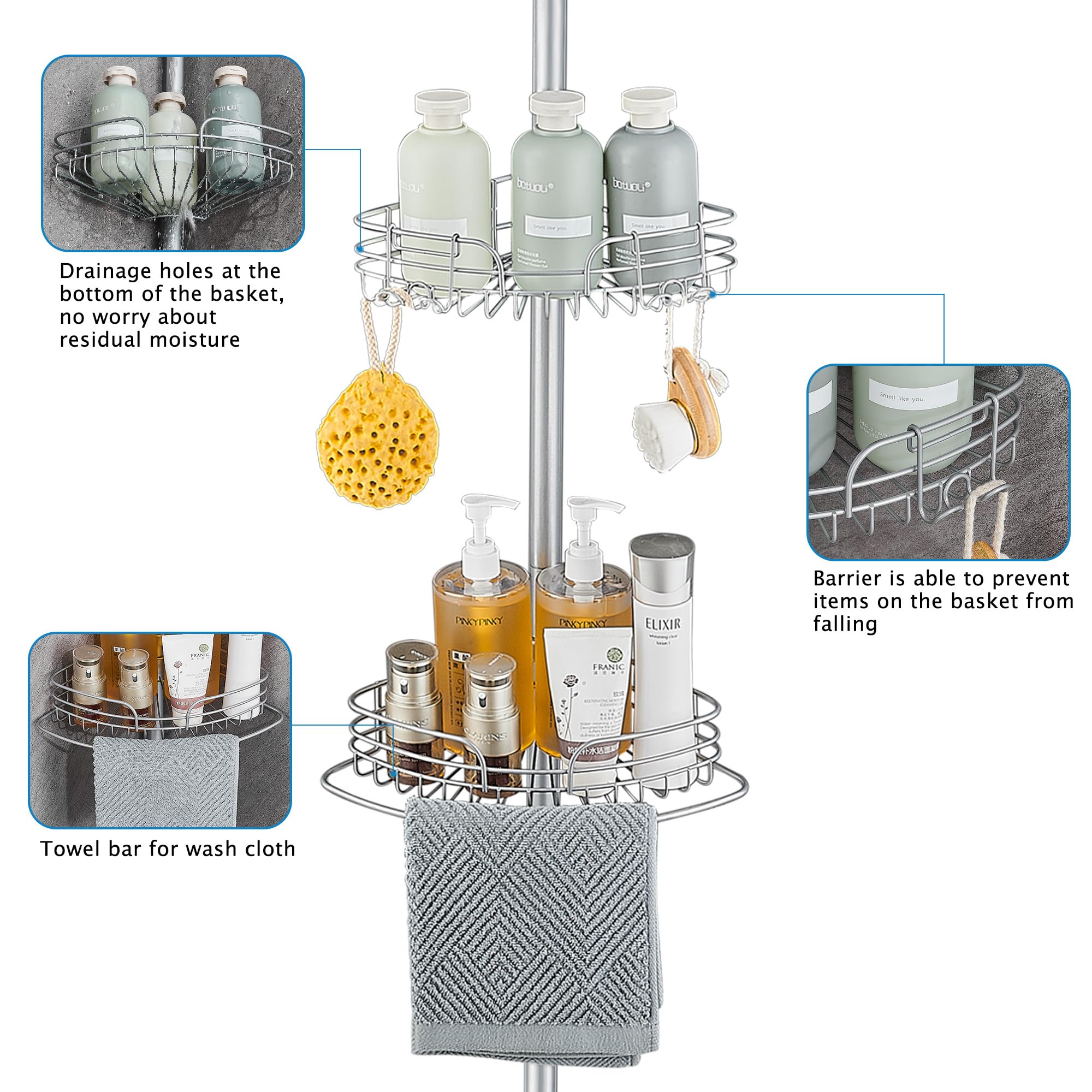 WPT Grey Shower Caddy Tension Pole for Bathroom, Stainless Steel Corner Shower Caddy Organizer Stand for Bathtub Shampoo Storage, 4 Tier Adjustable Shelves, 28.7 to 104.7 Inches