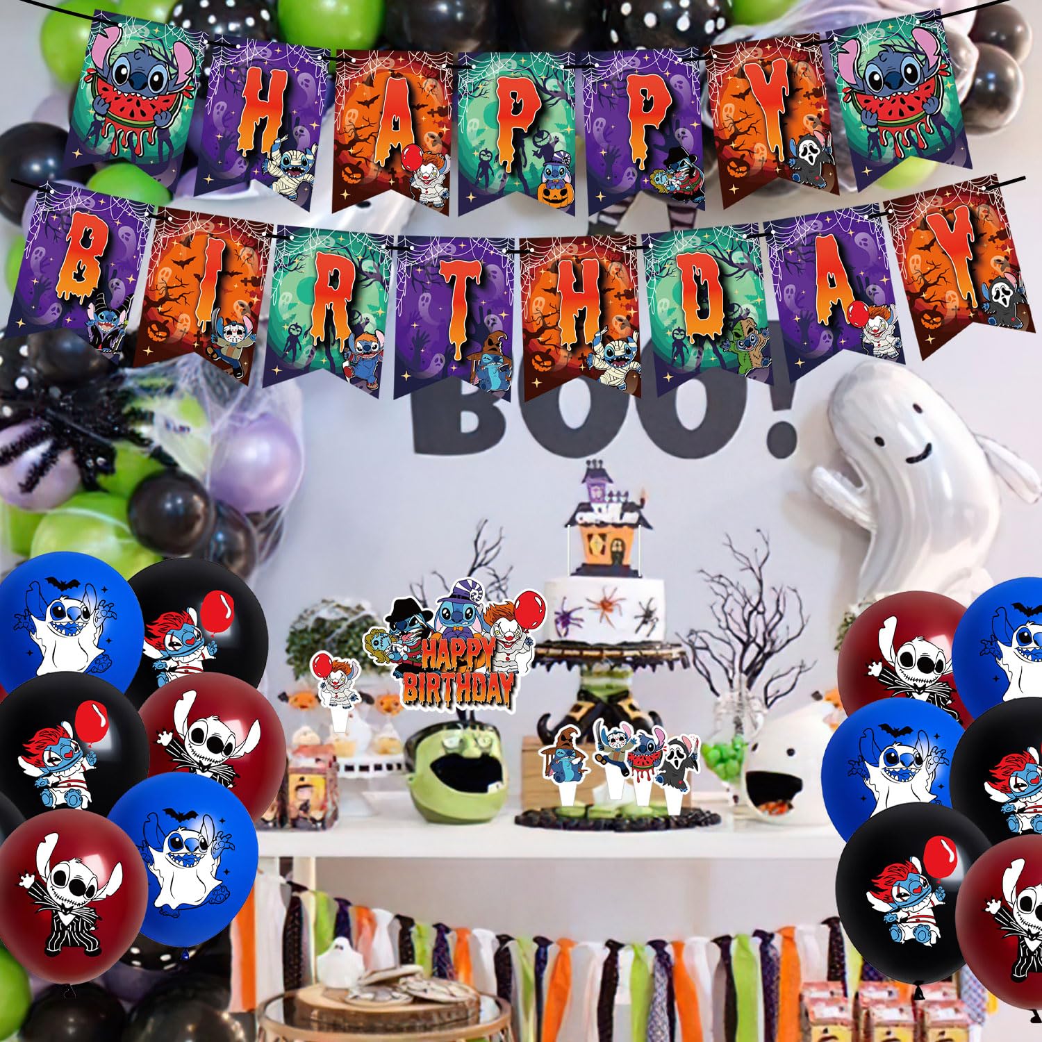 Stitch Halloween Birthday Party Decorations, Lilo Stitch Halloween Baby Shower Party Supplies Include Banner Balloon Cupcake Cake Toppers Halloween Baby Shower Decoration for Girls Boys