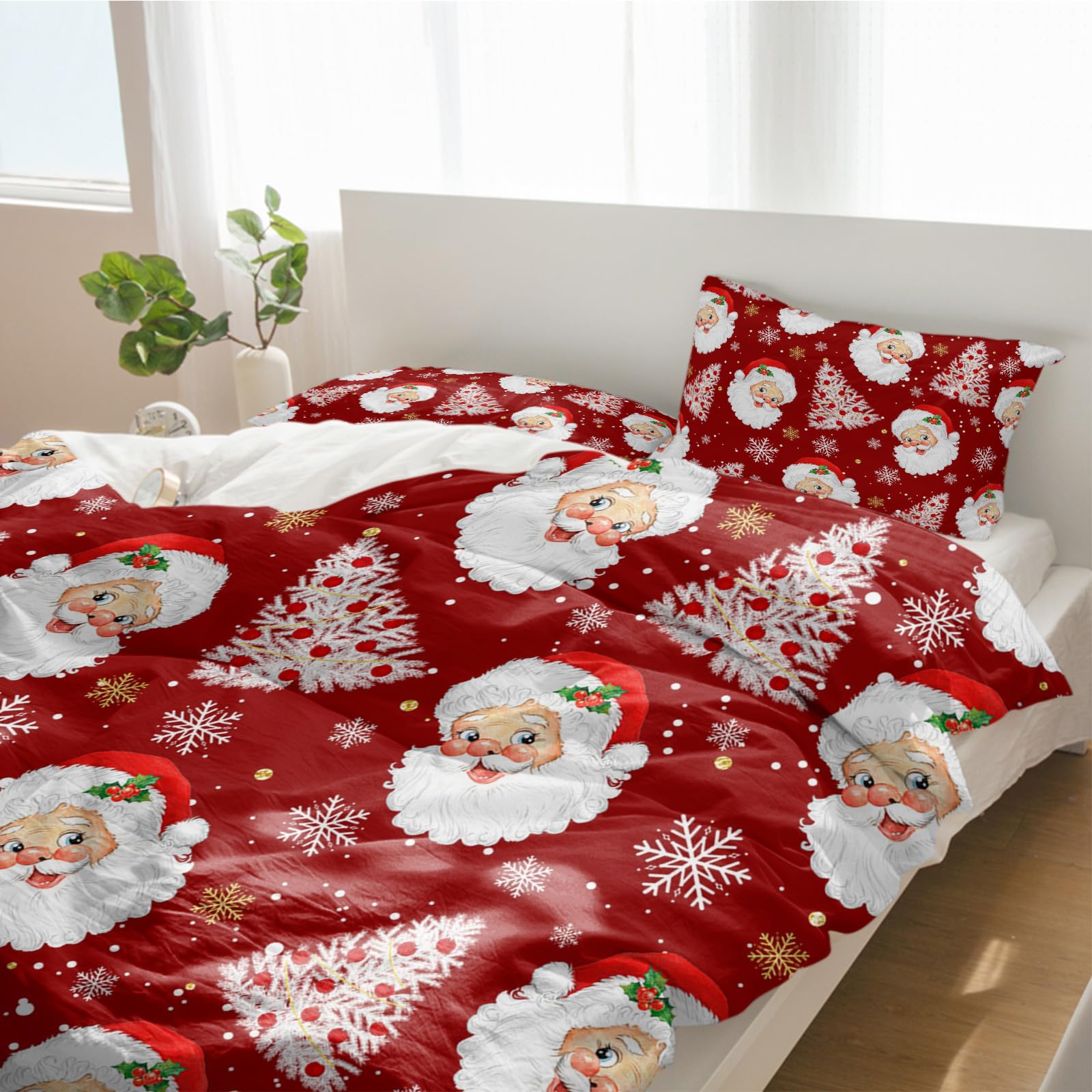 Christmas Santa Claus Queen Bedding Duvet Cover Set 3 Pieces Red Berry Xmas Tree Soft Luxury Printed Comforter Covers 2 Pillow Shams for Bedroom Decor Golden White Snowflakes