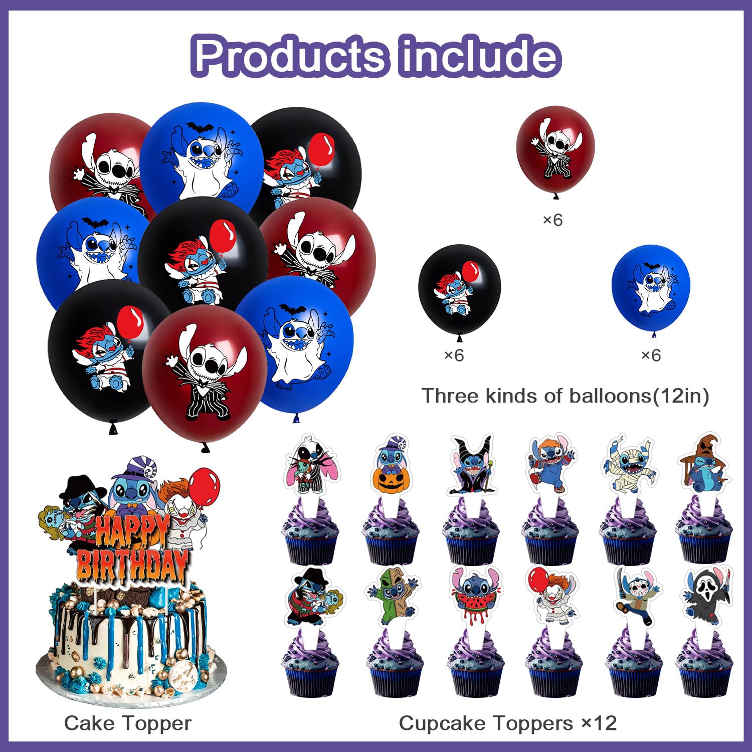 Stitch Halloween Birthday Party Decorations, Lilo Stitch Halloween Baby Shower Party Supplies Include Banner Balloon Cupcake Cake Toppers Halloween Baby Shower Decoration for Girls Boys