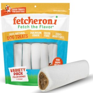 fetcheroni variety pack stuffed dog bones (flavors: bacon & cheese, peanut butter, and beef) - 3-4 inch long dog treats - natural stuffed dental dog bone treats for dogs - 5 pack