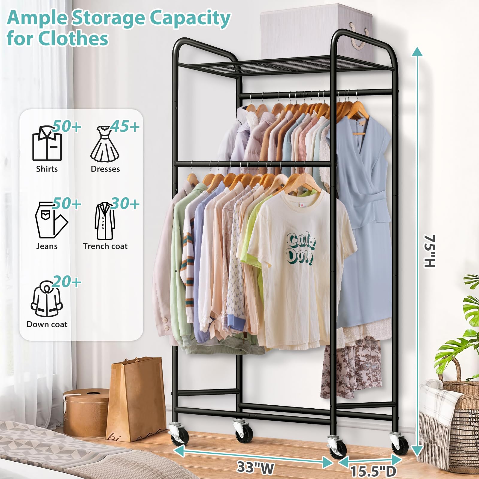 AOODA Double Rod Long Clothing Racks for Hanging Clothes, Heavy Duty Rolling Garment Rack with Top Shelves, Portable Closet Wardrobe Clothes Rack with Wheels for Dresses, Coats, Shirts (Black)