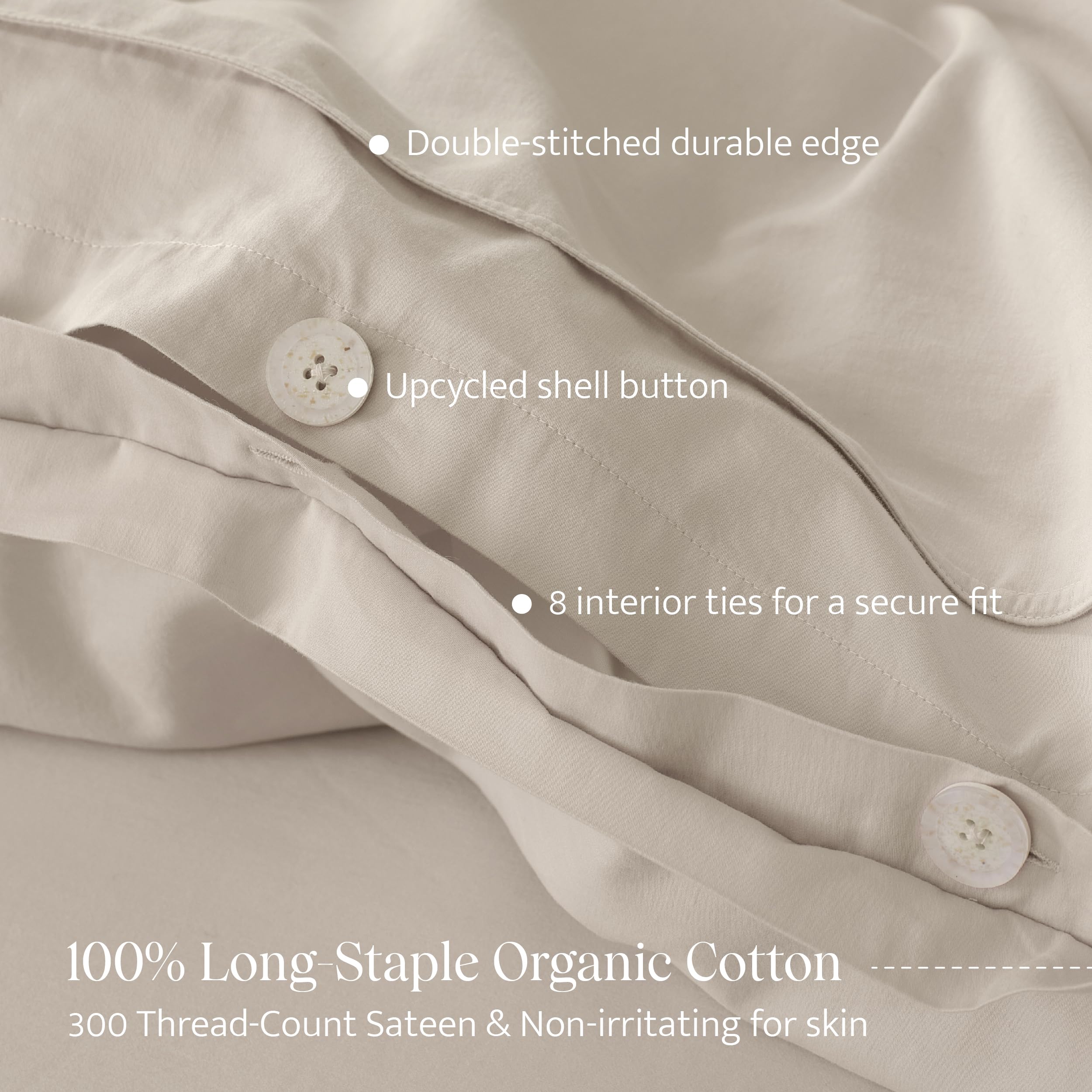 Double Stitch by Bedsure Organic Cotton Duvet Cover King Set - 300 TC Luxury Sateen Weave, 100% GOTS Certified Long Staple Cotton, Soft Breathable Cover Made in India, 1 Duvet Cover, 2 Shams，Oat