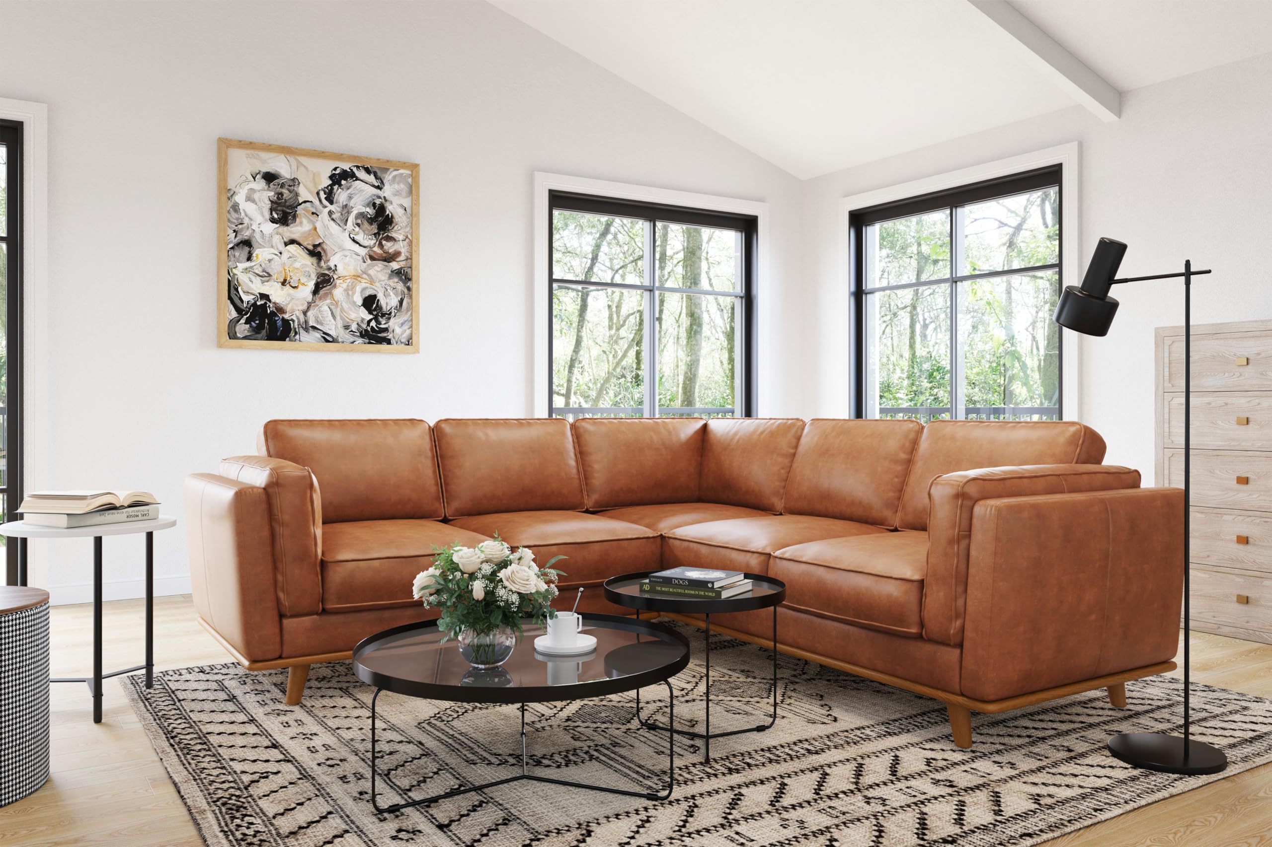 Valencia Artisan Full Leather Sofa - Pure Full Italian Nappa Leather Couch, Solid Wood Accent, Ultimate Comfort (Cognac, L-Shape Sectional)