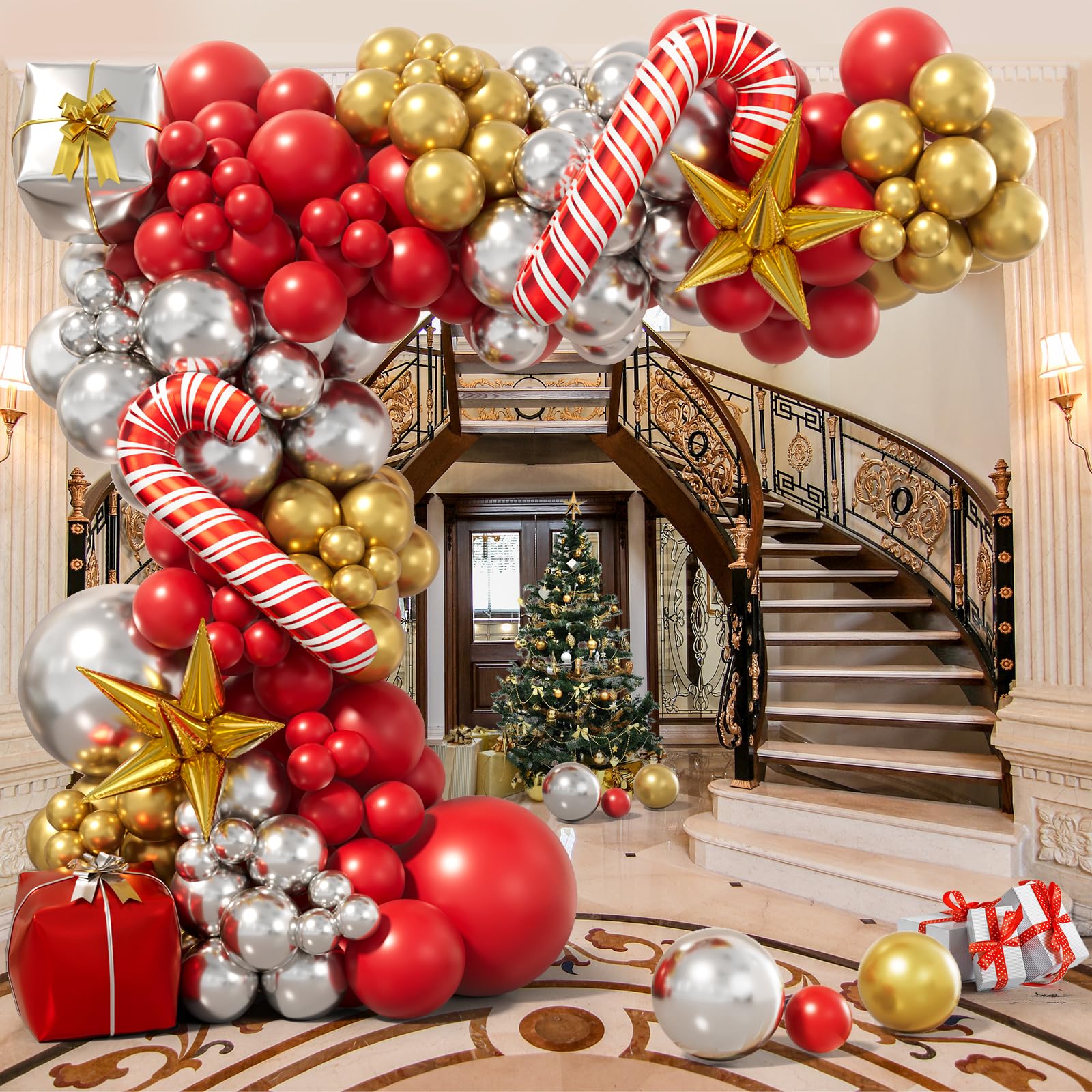 Bonropin Christmas Balloon Garland Arch Kit with Xmas Red and Gold Silver Balloons Candy Cane Balloons Gift Box Balloons Starburst Balloons for New Year Winter Christmas Party Decorations