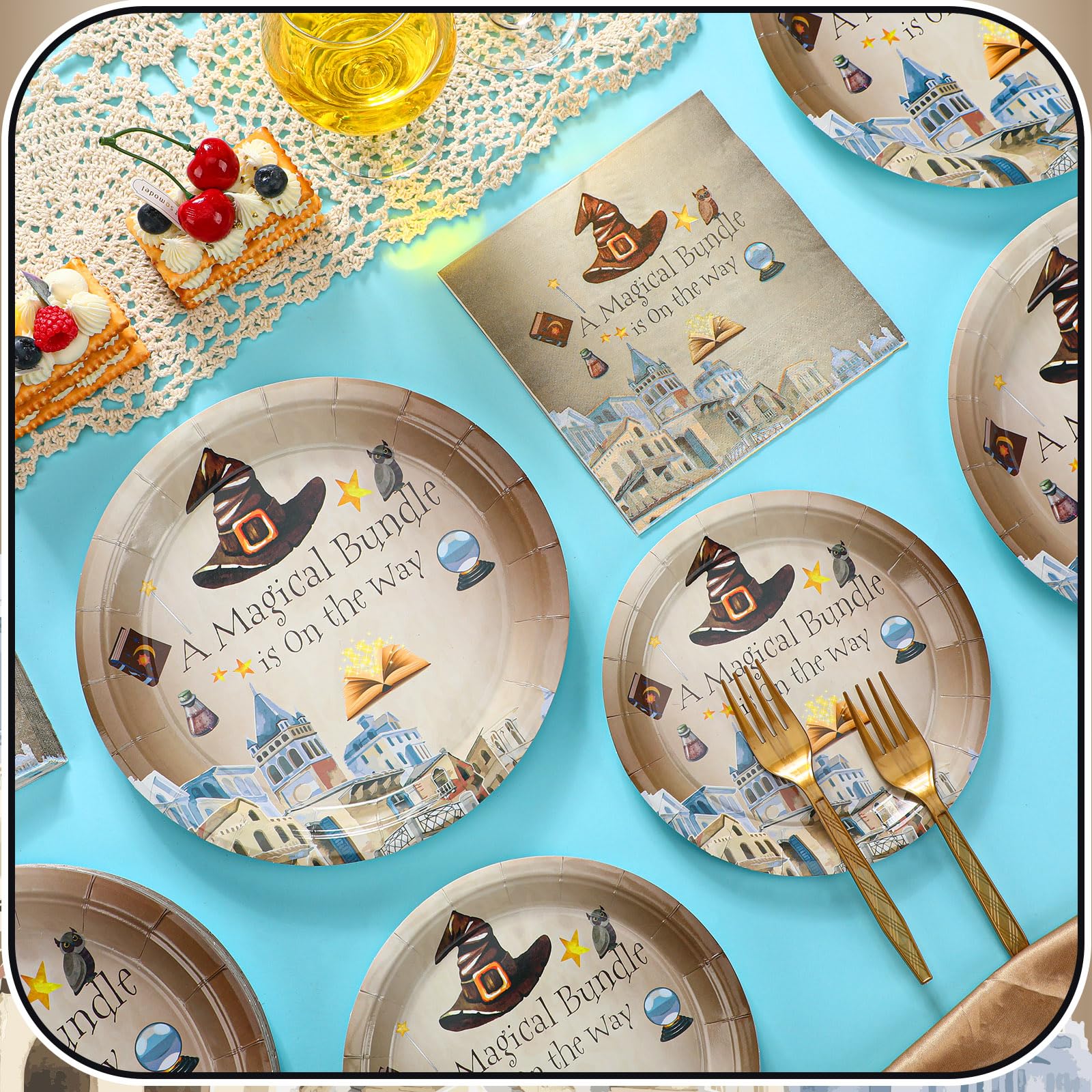 Sunnyray 96 Pieces Magical Wizard Baby Shower Plates and Napkins a Magical Bundle Is on the Way Baby Shower Party Supplies Dessert Plates Napkins Forks for 24 Guests