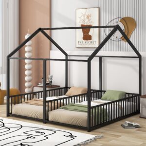 twin floor beds for 2 kids, two twin size metal house bed frame with rails, double shared beds montessori bed for boys girls teens, black