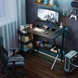 COTUBLR Small Desk, 27.5 Inch Small Computer Desk for Small Spaces, Computer Desk with Adjustable Monitor Stand, Compact Desk with Storage, Tiny Desk Study Desk for Bedroom Home Office, Black