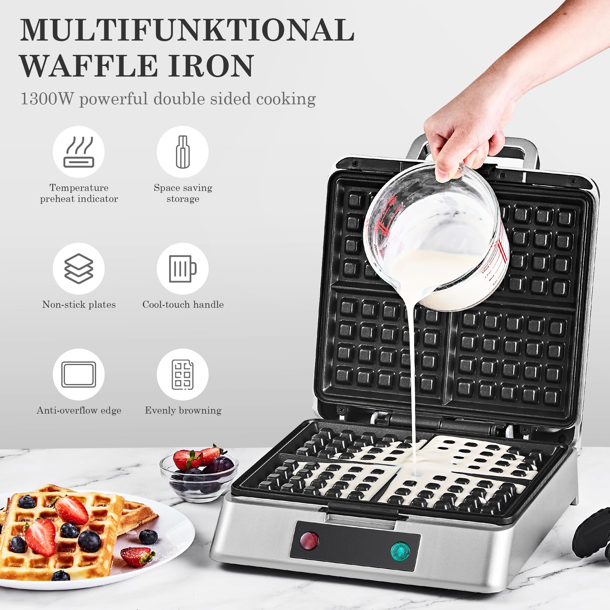 Waffle Maker, Roter Mond Belgian Waffle Maker, 4 Slice Square Stainless Steel Waffle Maker, Non-Stick Surface for Easy Cleaning for Family Use Breakfast, Save Space for Storage,1300W, Silver