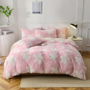 bedmeo tie dye plush luxury fluffy faux fur duvet cover set,soft crystal velvet bedding sets,boho bedding for 3 pieces chic home duvet covers(1 furry duvet cover + 2 pillowcases) king,tie-dye pink