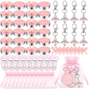 landical 50 sets baby shower favors for guests including 50 unscented tealight baby shower candles 50 angel keychains 50 gift bags 50 baby shower cards for baby shower gender reveal party(pink)