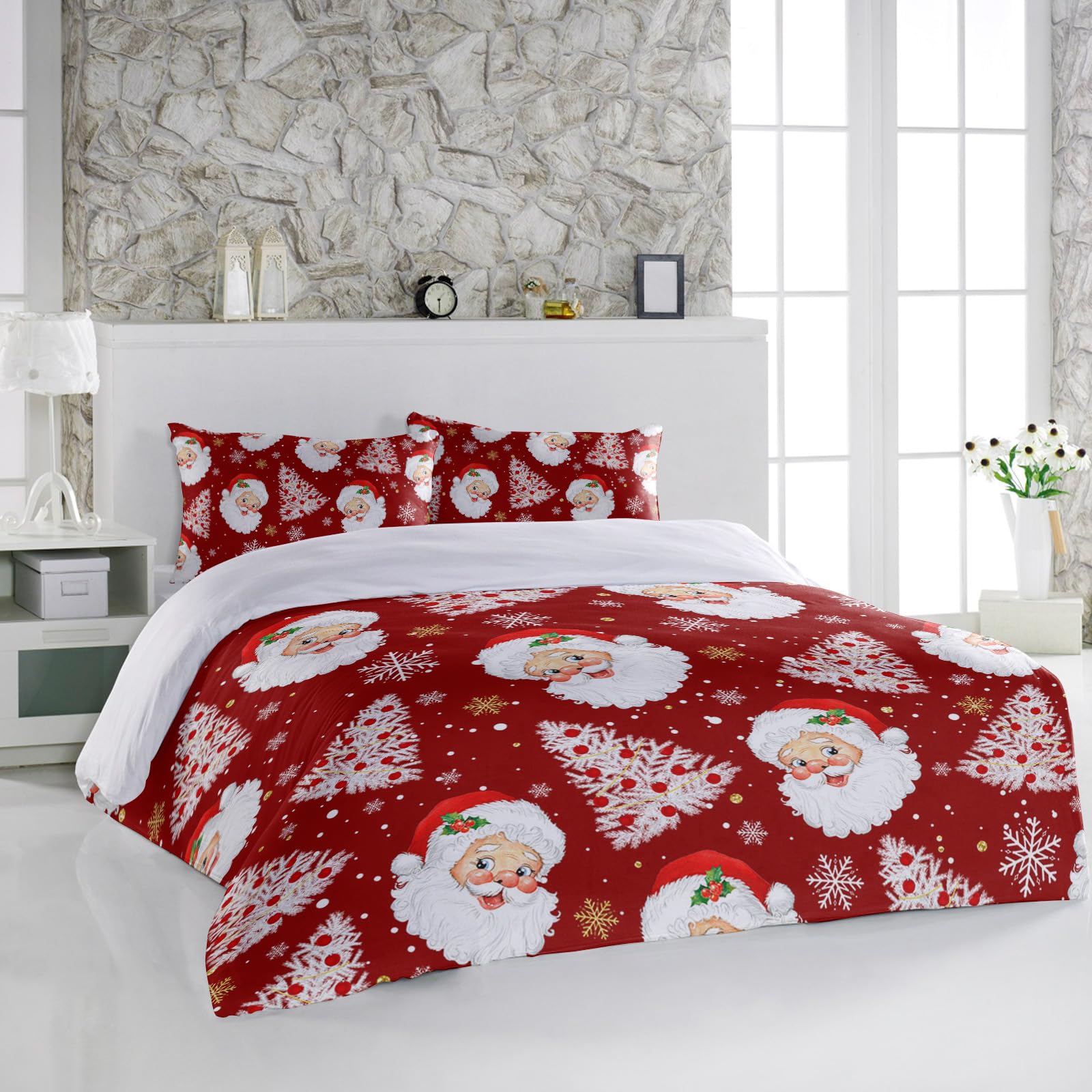 Christmas Santa Claus Queen Bedding Duvet Cover Set 3 Pieces Red Berry Xmas Tree Soft Luxury Printed Comforter Covers 2 Pillow Shams for Bedroom Decor Golden White Snowflakes