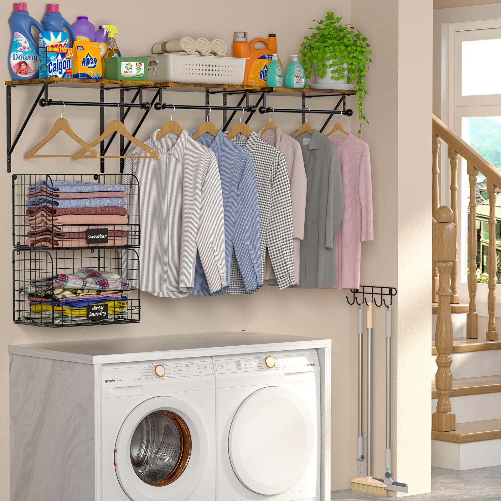 Laundry Room Shelves Wall Mounted with Wire Baskets, Over the Washer and Dryer Shelf with Clothes Drying Rack, Wire Shelves Baskets for Laundry Closet Organization and Storage, Wood+Metal, Black