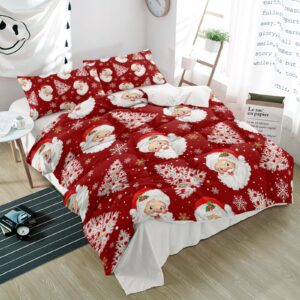 Christmas Santa Claus Queen Bedding Duvet Cover Set 3 Pieces Red Berry Xmas Tree Soft Luxury Printed Comforter Covers 2 Pillow Shams for Bedroom Decor Golden White Snowflakes