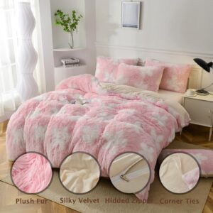 BEDMEO Tie Dye Plush Luxury Fluffy Faux Fur Duvet Cover Set,Soft Crystal Velvet Bedding Sets,Boho Bedding for 3 Pieces Chic Home Duvet Covers(1 Furry Duvet Cover + 2 Pillowcases) King,Tie-Dye Pink