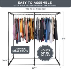 HOLDN’ STORAGE Portable Wardrobe Closet, Large - Premium Heavy Duty Metal Hanging Rod with Dark Gray Cover- 50 Lb. Weight Capacity- Super Easy Assembly, No Tools Required