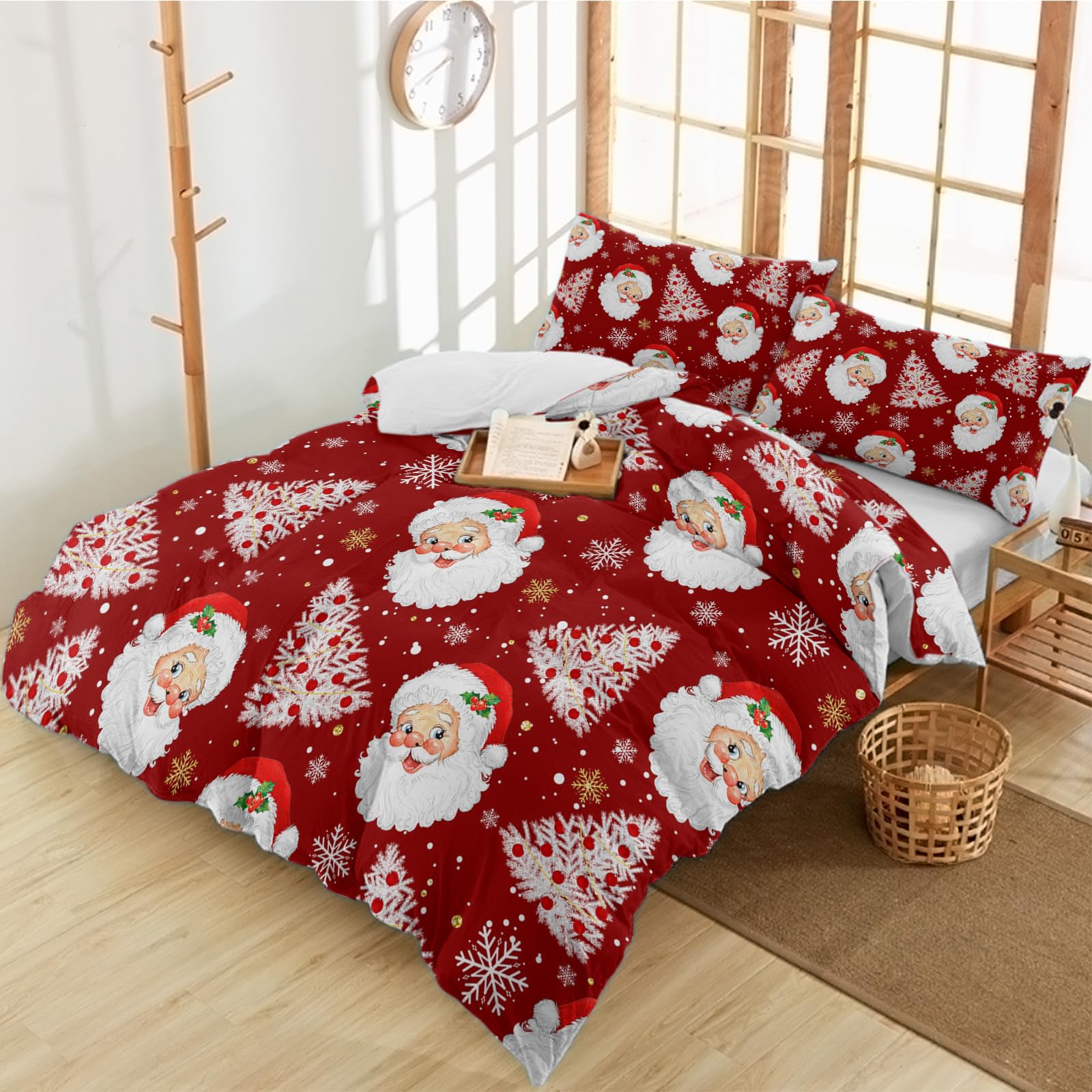 Christmas Santa Claus Queen Bedding Duvet Cover Set 3 Pieces Red Berry Xmas Tree Soft Luxury Printed Comforter Covers 2 Pillow Shams for Bedroom Decor Golden White Snowflakes