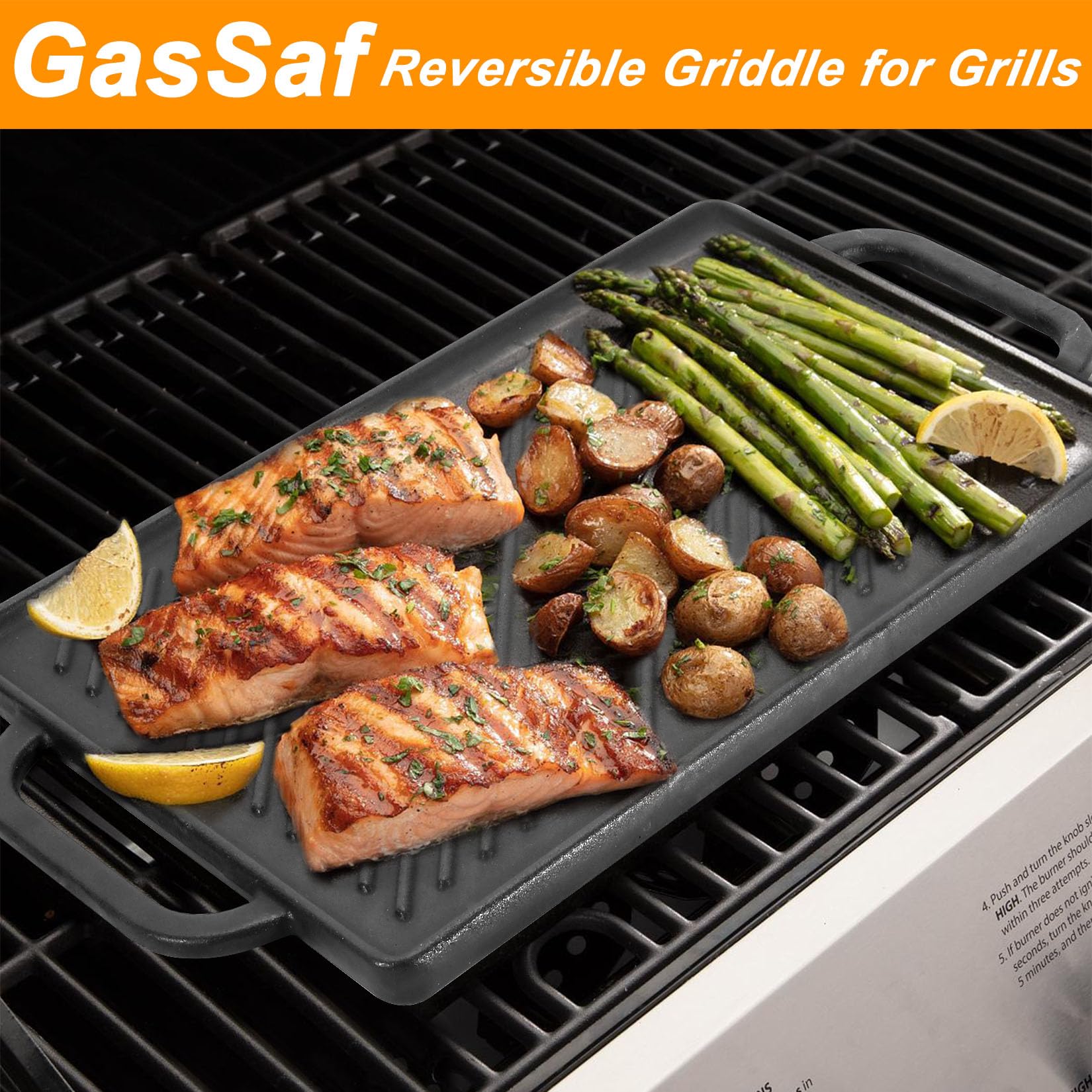 GasSaf Cast Iron Double Sided Griddle Stove Top Indoor Cooking, Reversible Grill Pan for Gas Grill Top Outdoor Camping, 13 x 8.25 Stovetop Griddle Pan, Double Burner Gas Stove Grill Flat Griddle Pan