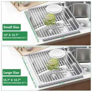 cycleacc 13"- 24" Roll Up Dish Drying Rack, Expandable Over The Sink Dish Drainer Drying Rack, Large Folding Collapsible Stainless Steel Roll Up Dish Drying Rack, Kitchen Foldable Over Sink Organizer