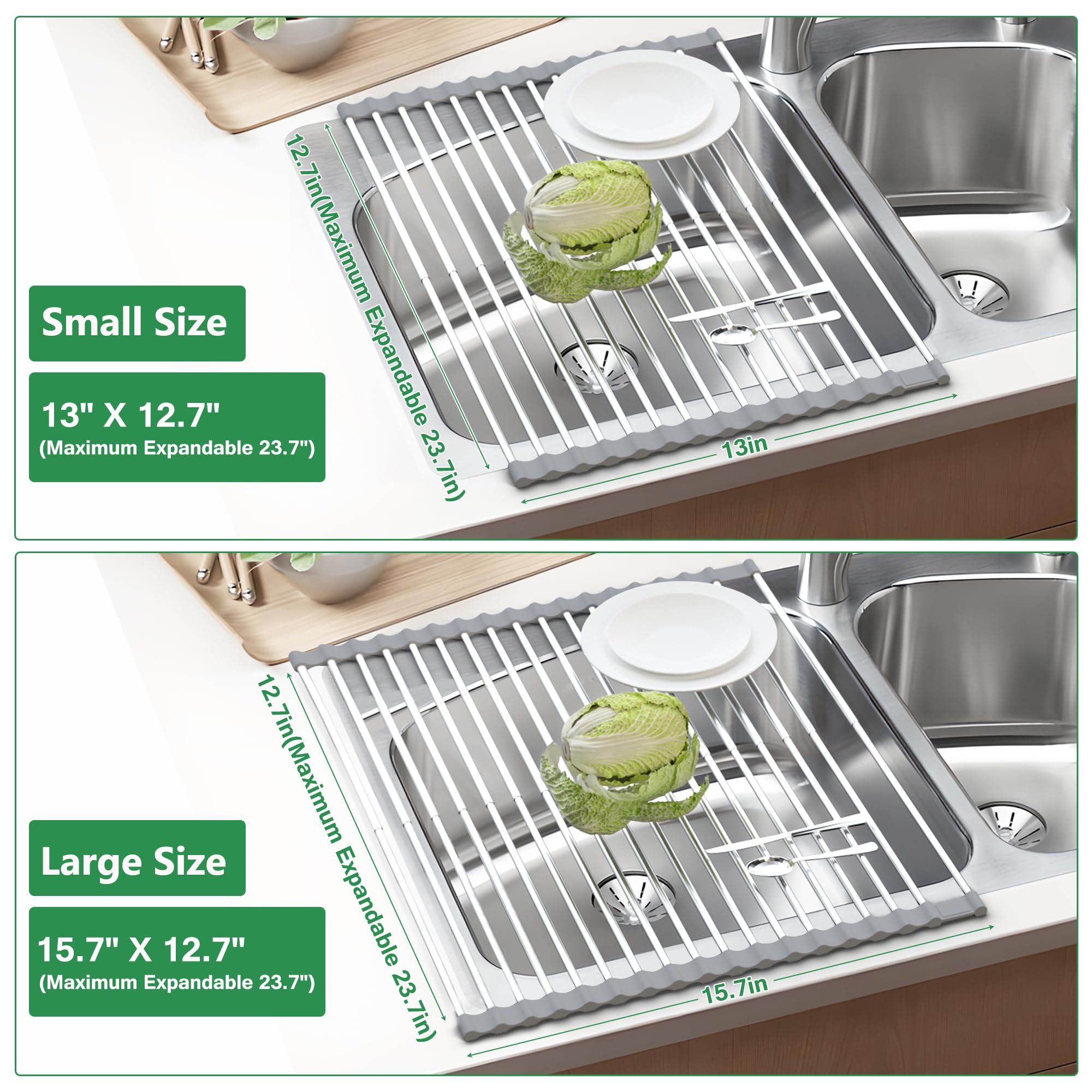 cycleacc 13"- 24" Roll Up Dish Drying Rack, Expandable Over The Sink Dish Drainer Drying Rack, Large Folding Collapsible Stainless Steel Roll Up Dish Drying Rack, Kitchen Foldable Over Sink Organizer