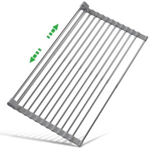 cycleacc 13"- 24" Roll Up Dish Drying Rack, Expandable Over The Sink Dish Drainer Drying Rack, Large Folding Collapsible Stainless Steel Roll Up Dish Drying Rack, Kitchen Foldable Over Sink Organizer