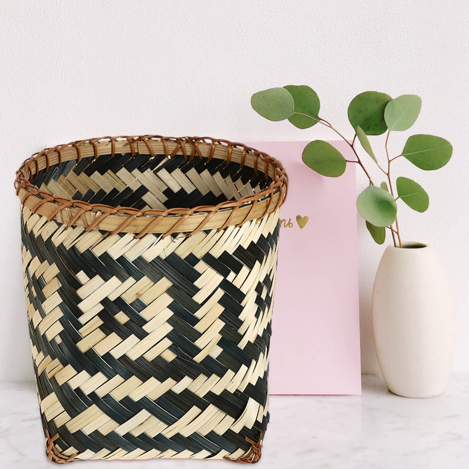 Bamboo Trash Can Round Rubbish Basket Mini Trash Bin Flower Plant Basket Woven Waste Basket Round Laundry Basket Wove Storage Basket Small Bamboo Weaving Vintage Cup Holder Office