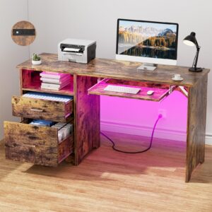 Hyomdeck Office Desk with File Cabinet, 55 Inch Reversible Computer Desk with Smart LED Light and Power Outlet, Sturdy Gaming Desk with Keyboard Tray & Storage Drawers, Easy to Assemble, Rustic Brown