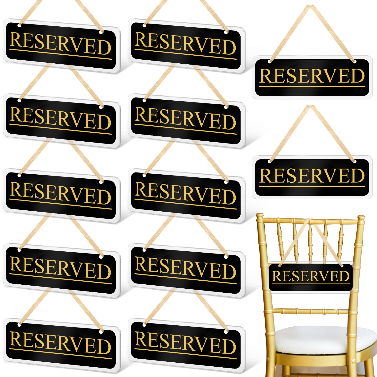 Beeveer 12 Pcs Reserved Chair Signs for Wedding Reserved Seating Signs Acrylic Reserved Hanging Sign with Ribbon Reserved Signs for Wedding Parties Events Church Pews Chair Restaurant(Black)