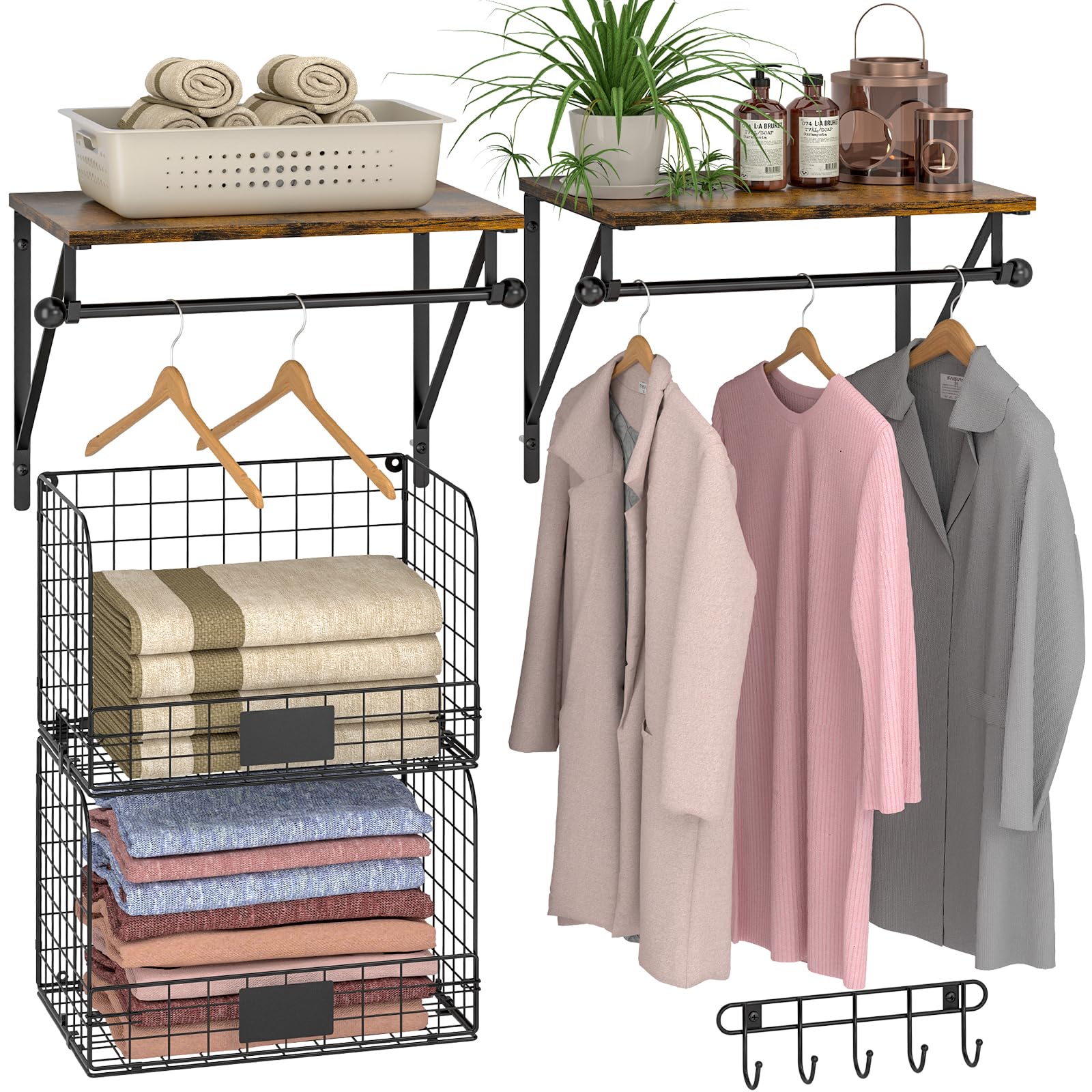 Laundry Room Shelves Wall Mounted with Wire Baskets, Over the Washer and Dryer Shelf with Clothes Drying Rack, Wire Shelves Baskets for Laundry Closet Organization and Storage, Wood+Metal, Black