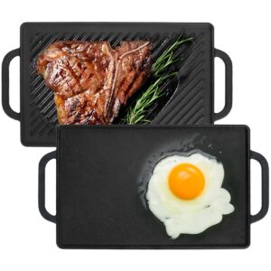 gassaf cast iron double sided griddle stove top indoor cooking, reversible grill pan for gas grill top outdoor camping, 13 x 8.25 stovetop griddle pan, double burner gas stove grill flat griddle pan