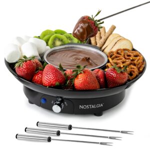 nostalgia 10 oz electric fondue pot set for cheese & chocolate - 4 dipping forks, 3-section food tray - kitchen gadgets and appliances for h'ors deouvres, entrees, desserts - black