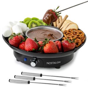 Nostalgia 10 Oz Electric Fondue Pot Set for Cheese & Chocolate - 4 Dipping Forks, 3-Section Food Tray - Kitchen Gadgets and Appliances for H'ors Deouvres, Entrees, Desserts - Black