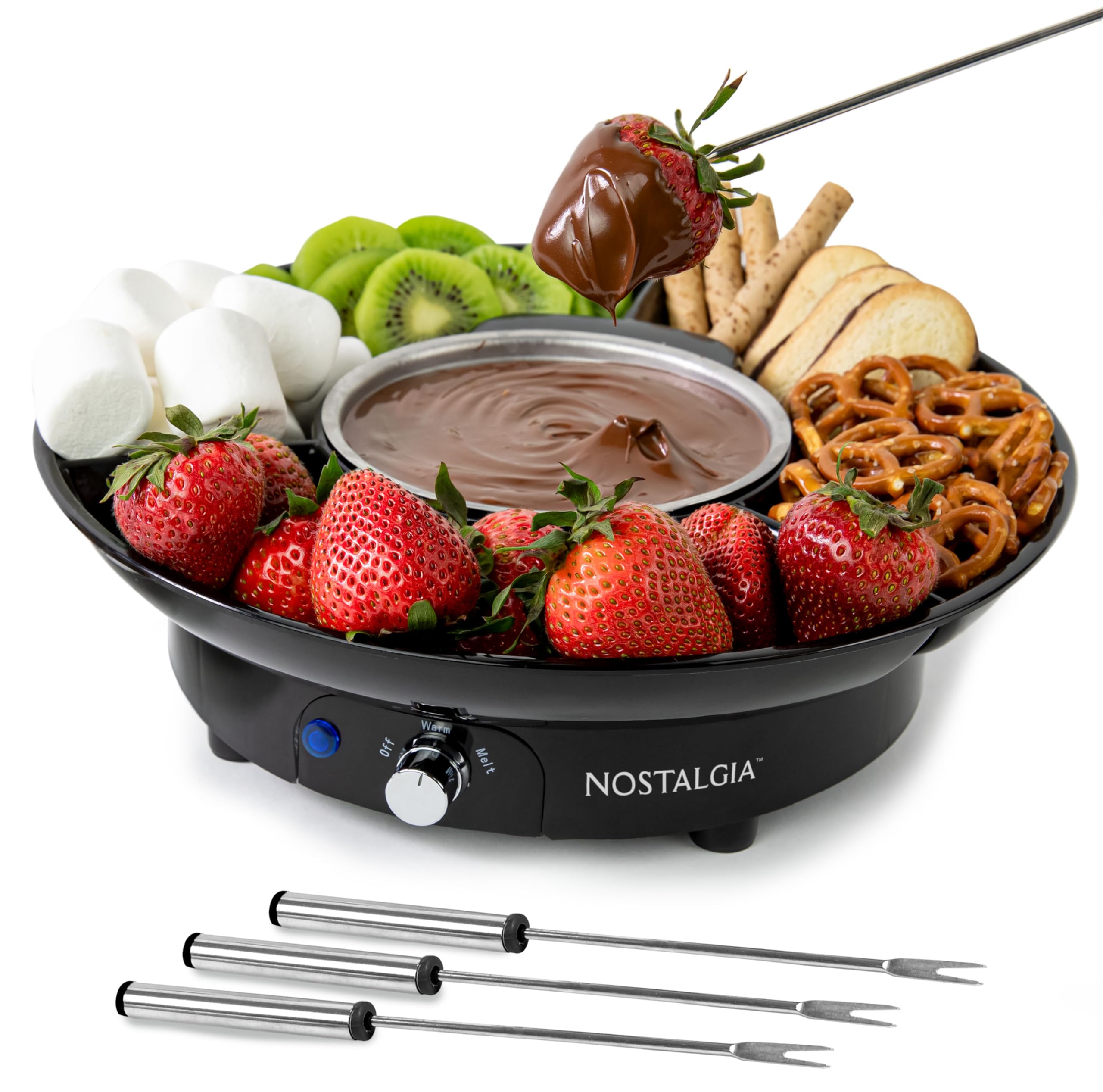 Nostalgia 10 Oz Electric Fondue Pot Set for Cheese & Chocolate - 4 Dipping Forks, 3-Section Food Tray - Kitchen Gadgets and Appliances for H'ors Deouvres, Entrees, Desserts - Black