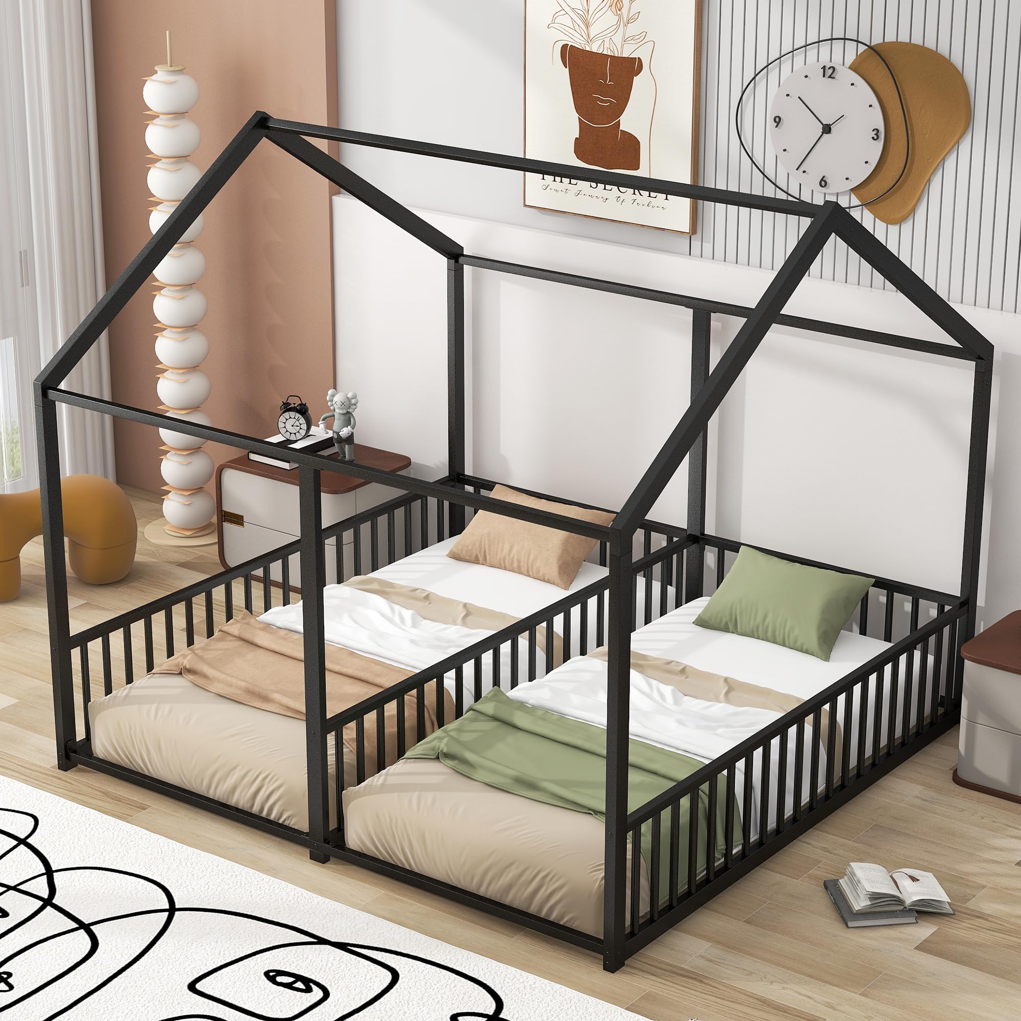 Twin Floor Beds for 2 Kids, Two Twin Size Metal House Bed Frame with Rails, Double Shared Beds Montessori Bed for Boys Girls Teens, Black