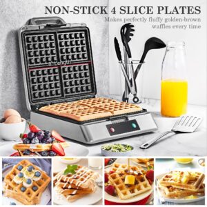 Waffle Maker, Roter Mond Belgian Waffle Maker, 4 Slice Square Stainless Steel Waffle Maker, Non-Stick Surface for Easy Cleaning for Family Use Breakfast, Save Space for Storage,1300W, Silver