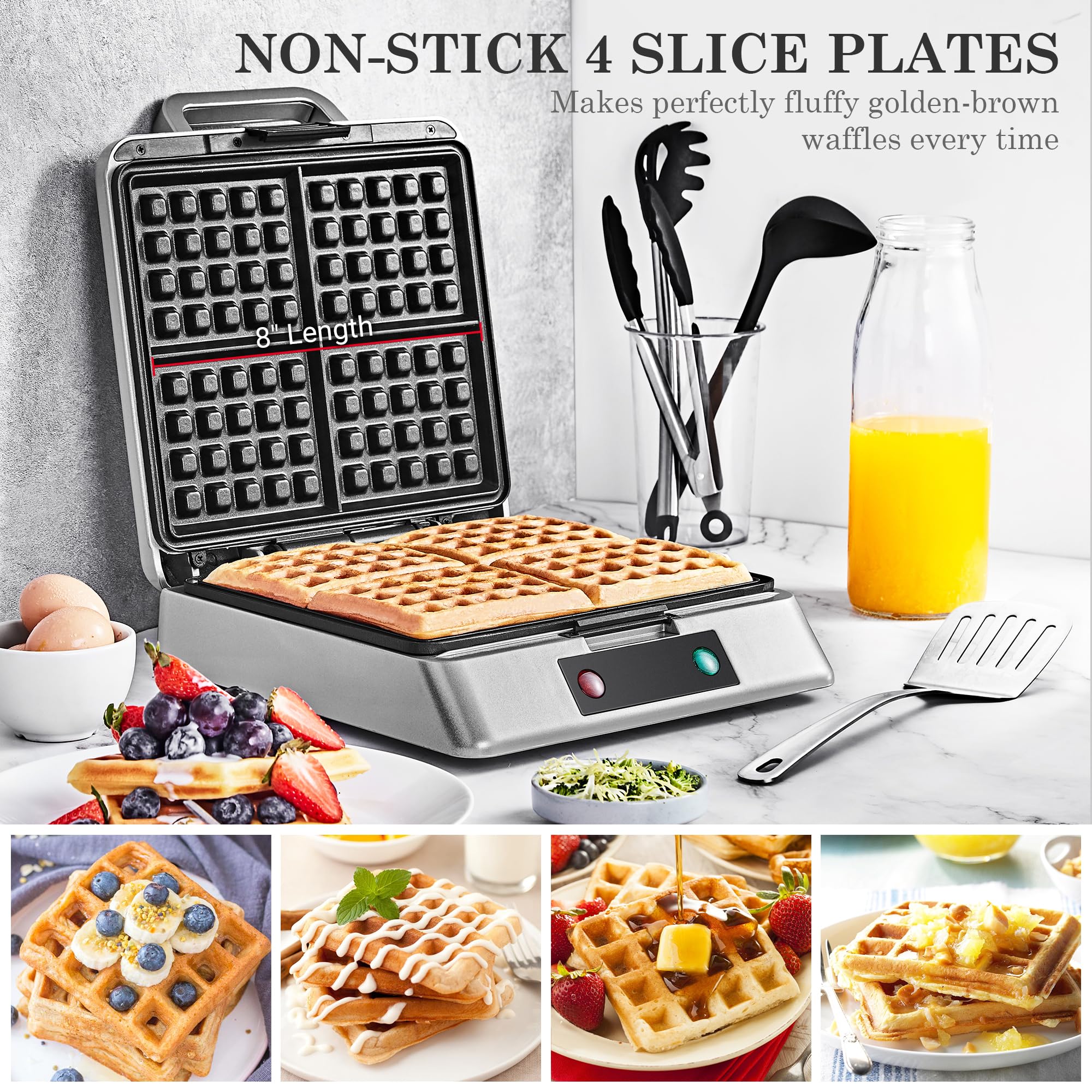 Waffle Maker, Roter Mond Belgian Waffle Maker, 4 Slice Square Stainless Steel Waffle Maker, Non-Stick Surface for Easy Cleaning for Family Use Breakfast, Save Space for Storage,1300W, Silver