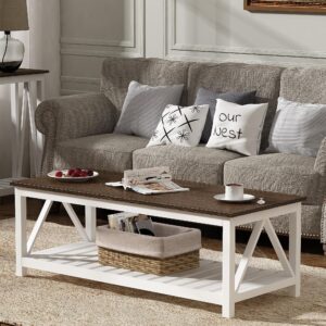 choochoo farmhouse coffee table, rustic vintage living room table with shelf, 47 white