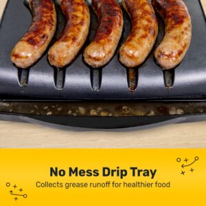 Nostalgia Game Day Sausage and Brat 5 Link Electric Grill with Oil Drip Tray, Carry Handle, and Cord Storage, Cooks Beef, Turkey, Chicken, Veggie Sausages, or Hot Dogs